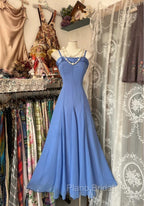 Vintage Soft Blue Spaghetti Strap A-Line Chiffon Birthday Formal Prom Dresses Pretty Graduation Dresses