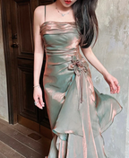 Vintage Spaghetti Straps Asymmetrical Midi Length Party Dresses
