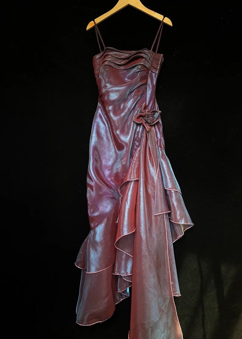 Vintage Spaghetti Straps Asymmetrical Midi Length Party Dresses