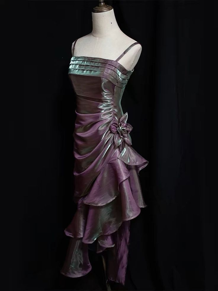 Vintage Spaghetti Straps Asymmetrical Midi Length Party Dresses