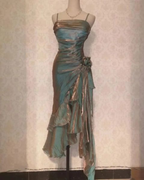 Vintage Spaghetti Straps Asymmetrical Midi Length Party Dresses