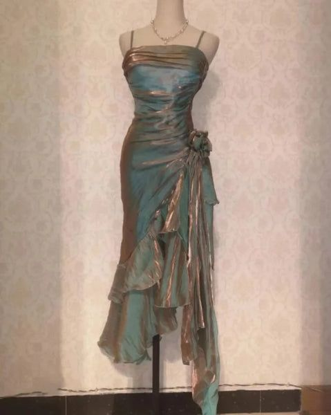 Vintage Spaghetti Straps Asymmetrical Midi Length Party Dresses