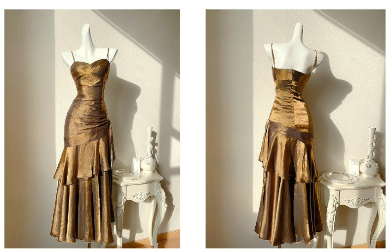 Vintage Spaghetti Straps Blue Chiffon Satin  Ruffles Long Formal Prom Dresses Fairytale Formal Evening Dresses
