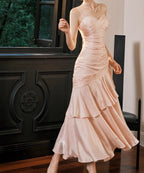 Vintage Spaghetti Straps Blue Chiffon Satin  Ruffles Long Formal Prom Dresses Fairytale Formal Evening Dresses