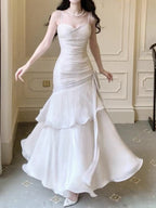 Vintage Spaghetti Straps Blue Chiffon Satin  Ruffles Long Formal Prom Dresses Fairytale Formal Evening Dresses