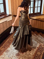 Vintage Spaghetti Straps Blue Chiffon Satin  Ruffles Long Formal Prom Dresses Fairytale Formal Evening Dresses
