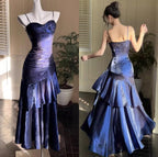 Vintage Spaghetti Straps Blue Chiffon Satin  Ruffles Long Formal Prom Dresses Fairytale Formal Evening Dresses