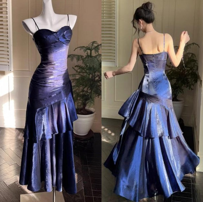 Vintage Spaghetti Straps Blue Chiffon Satin  Ruffles Long Formal Prom Dresses Fairytale Formal Evening Dresses