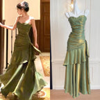 Vintage Spaghetti Straps Blue Chiffon Satin  Ruffles Long Formal Prom Dresses Fairytale Formal Evening Dresses