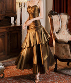 Vintage Spaghetti Straps Blue Chiffon Satin  Ruffles Long Formal Prom Dresses Fairytale Formal Evening Dresses