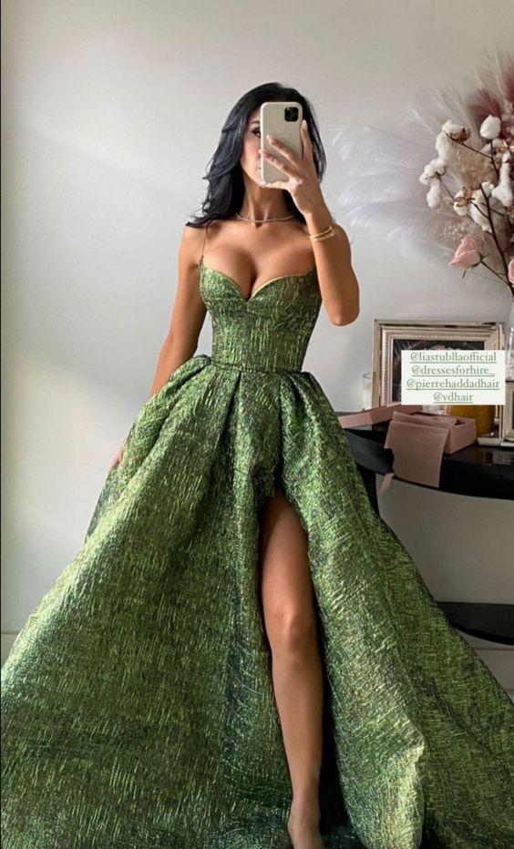 Vintage Spaghetti Straps Green Formal Prom Dresses Long Formal Prom Dresses