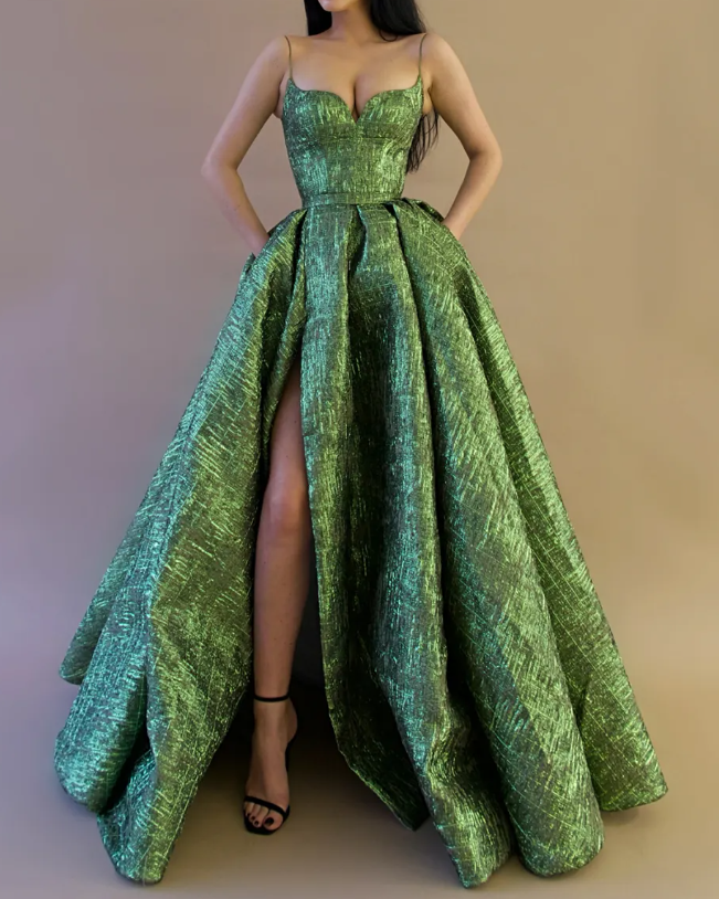 Vintage Spaghetti Straps Green Formal Prom Dresses Long Formal Prom Dresses