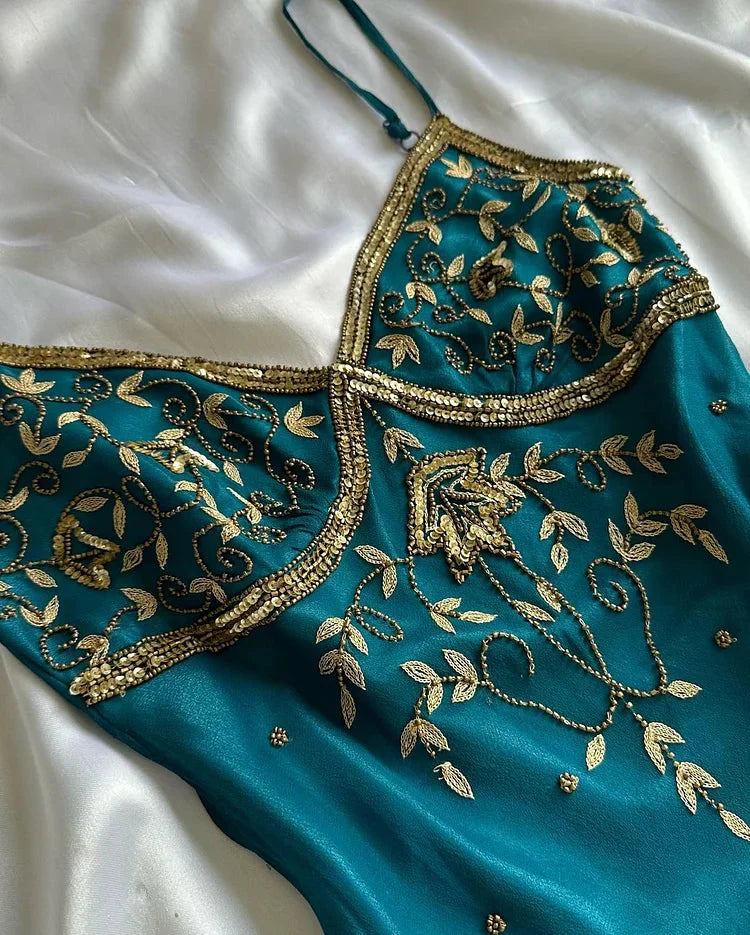 Vintage Spaghetti Straps Sheath Long Formal Prom Dresses Beaded Chiffon Teal Formal Evening Dresses Secondary image