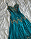 Vintage Spaghetti Straps Sheath Long Formal Prom Dresses Beaded Chiffon Teal Formal Evening Dresses