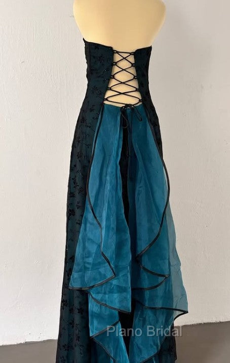 Vintage Strapless Blue Satin Sleeveless Black Tulle Beaded Ball Dresses Birthday Evening Dresses Secondary image