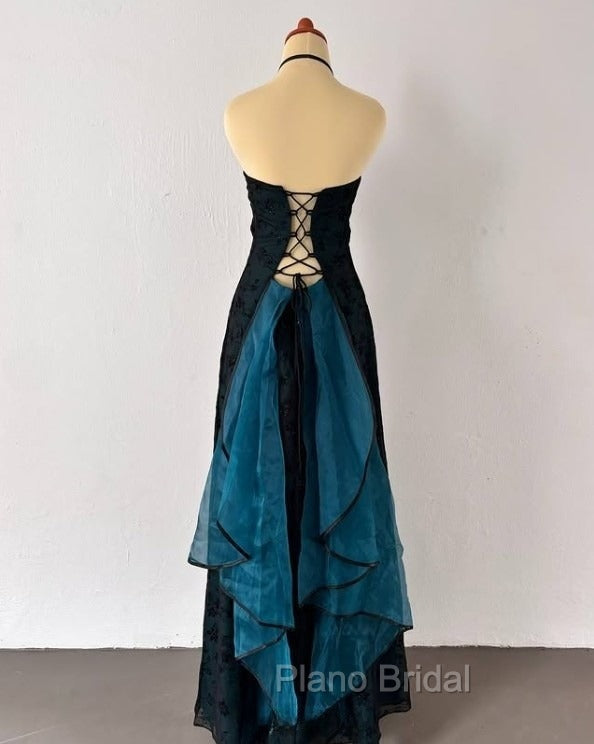Vintage Strapless Blue Satin Sleeveless Black Tulle Beaded Ball Dresses Birthday Evening Dresses