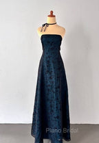 Vintage Strapless Blue Satin Sleeveless Black Tulle Beaded Ball Dresses Birthday Evening Dresses