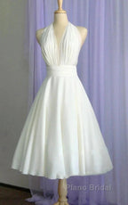 Vintage Tea-Length Chiffon Wedding Dresses With Halter Neck And Bow