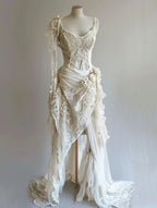 Vintage Unique Long Lace Formal Prom Dresses Wedding Dresses Bridal Gown