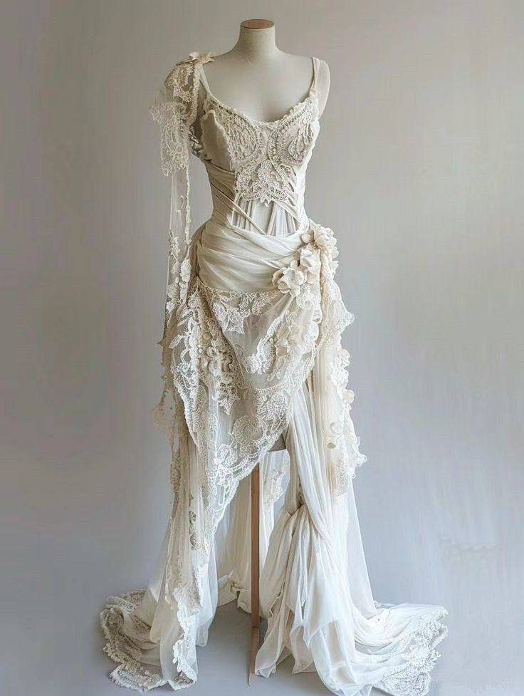 Vintage Unique Long Lace Formal Prom Dresses Wedding Dresses Bridal Gown
