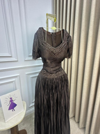 Vintage V Neck Brown Chiffon Beaded Mermaid Party Dresses Long Formal Evening Gowns