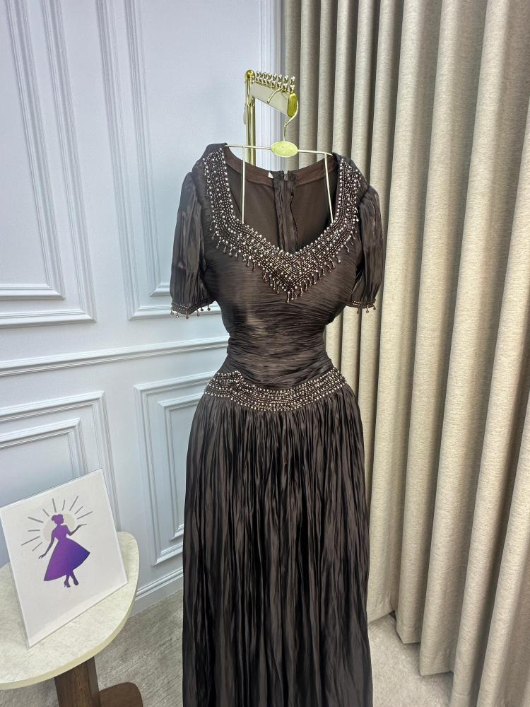 Vintage V Neck Brown Chiffon Beaded Mermaid Party Dresses Long Formal Evening Gowns