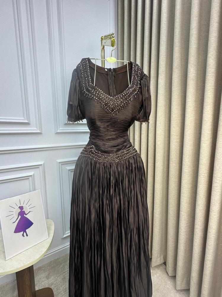 Vintage V Neck Brown Chiffon Beaded Mermaid Party Dresses Long Formal Evening Gowns