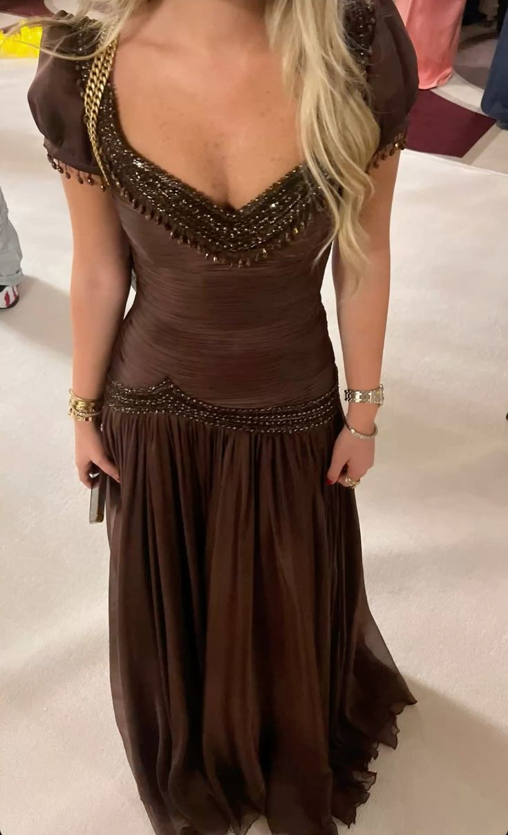 Vintage V Neck Brown Chiffon Beaded Mermaid Party Dresses Long Formal Evening Gowns