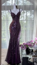 Vintage V Neck Dark Purple Chiffon Sequin Mermaid Long Party Gown Formal Evening Dresses