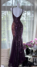 Vintage V Neck Dark Purple Chiffon Sequin Mermaid Long Party Gown Formal Evening Dresses