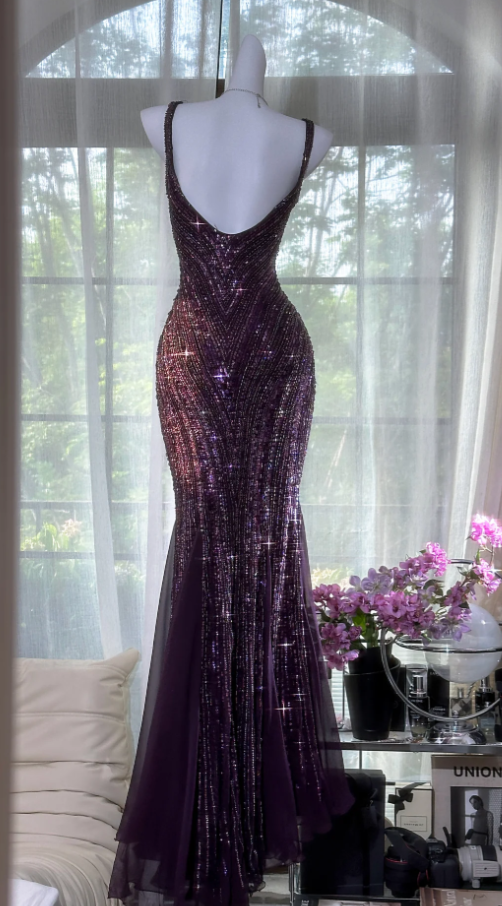 Vintage V Neck Dark Purple Chiffon Sequin Mermaid Long Party Gown Formal Evening Dresses