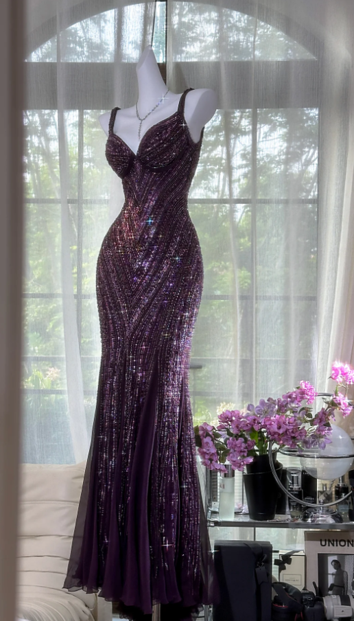 Vintage V Neck Dark Purple Chiffon Sequin Mermaid Long Party Gown Formal Evening Dresses