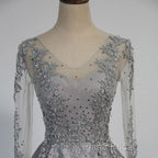 Vintage V-Neck Long Sleeves Appliques Beading Long Formal Dresses