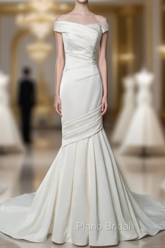 Vintage Wedding Dresses Mermaid Off The Shoulder Sleeveless Pleated Satin Fabric With Train Traditional Dresses For Bride Main image