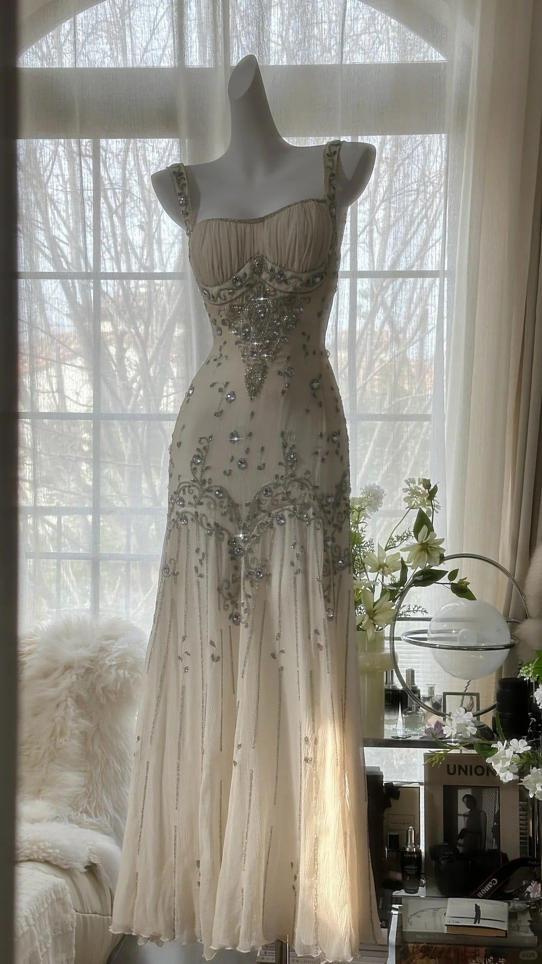 Vintage Ivory Beaded Chiffon Mermaid Formal Prom Dresses