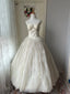 Vintage White Halter-Neck Pearl Lace Tulle Ball Gown Prom Dresses