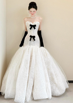 Vintage White Mermaid Sweetheart Neck Bow Lace Tulle Wedding Dresses