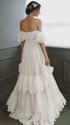 Vintage White Off The Shoulder Dots Ruffle Party Dresses