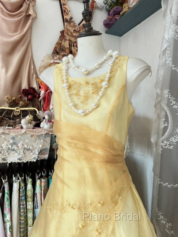 Vintage Yellow A-Line Boat Neck Tulle Long Formal Prom Dresses Simple Embroidery Applique Evening Dresses Secondary image