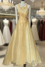 Vintage Yellow A-Line Boat Neck Tulle Long Formal Prom Dresses Simple Embroidery Applique Evening Dresses