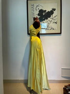 Vintage Yellow Fitted Halter Neck Satin Long Formal Prom Dresses Bridesmaid Dresses