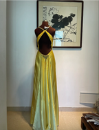 Vintage Yellow Fitted Halter Neck Satin Long Formal Prom Dresses Bridesmaid Dresses