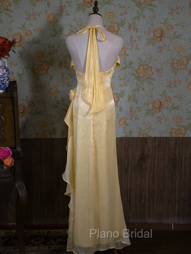 Vintage Yellow Halter Neck Floral Formal Prom Gown Fairy Princess Dresses