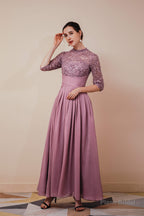 Lace Chiffon Long Zipper Back Mother of the Bride Dresses With Sleeves