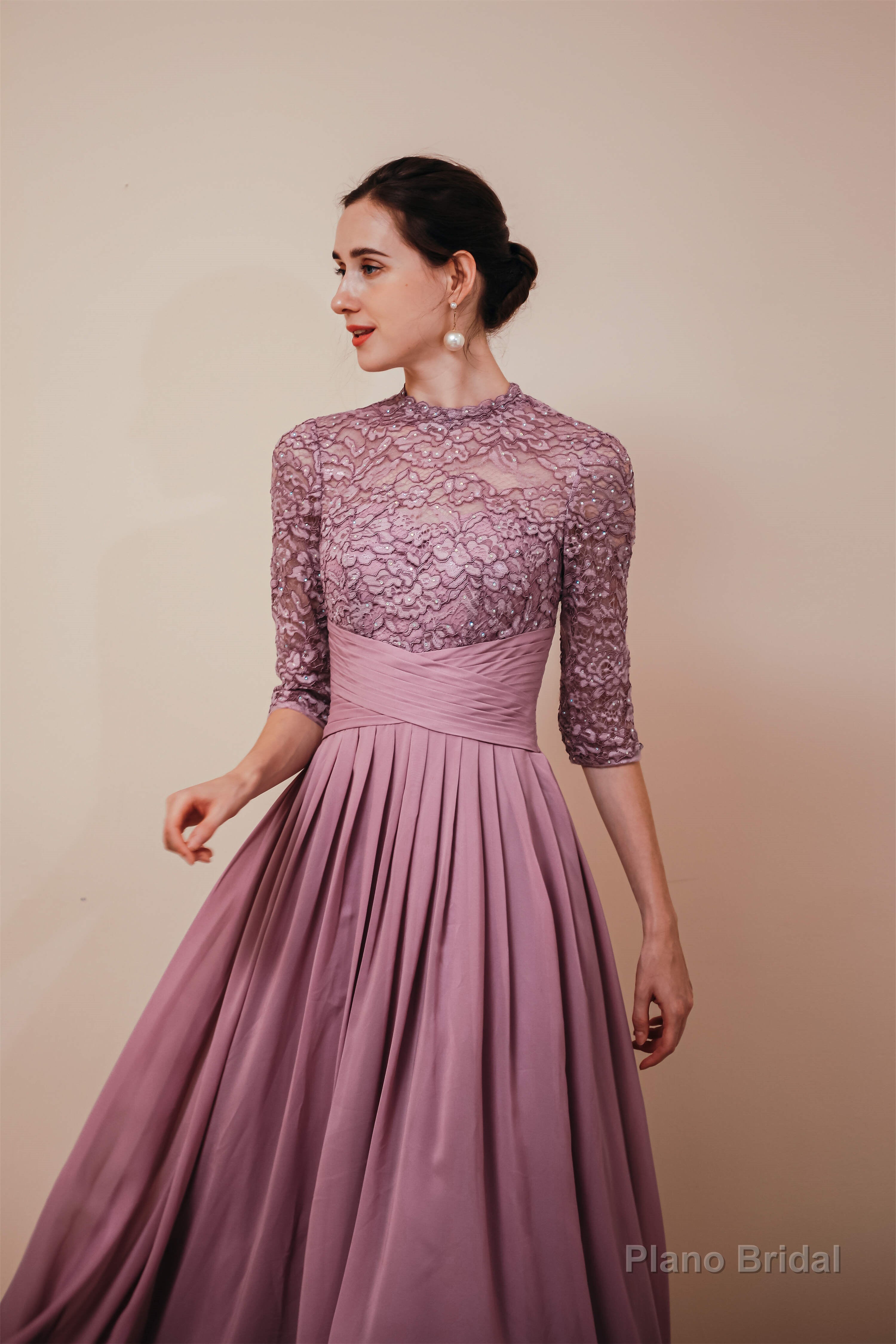 Lace Chiffon Long Zipper Back Mother of the Bride Dresses With Sleeves