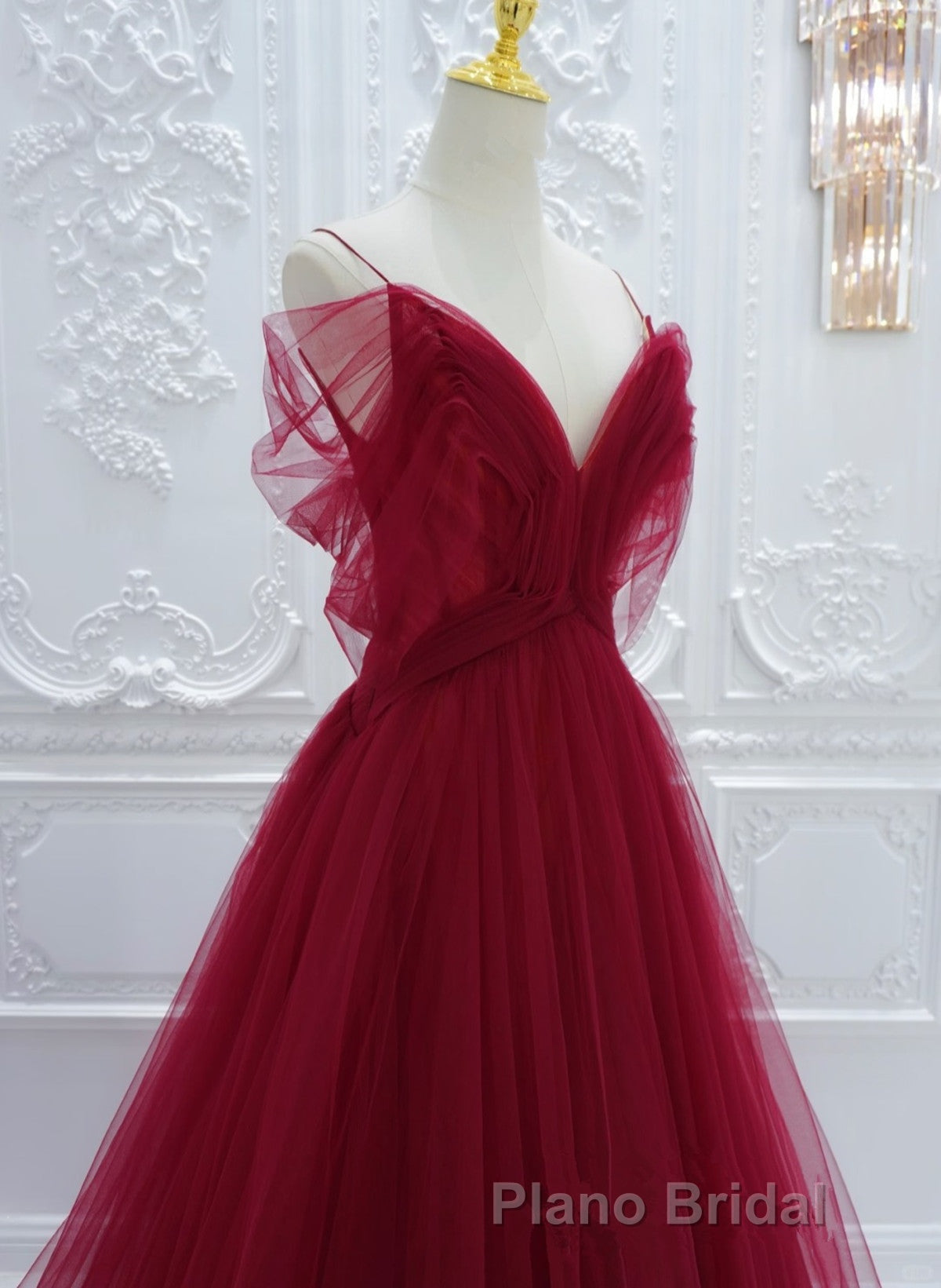 Wine Red Tulle V-Neckline Off Shoulder With Bow, Wine Red Tulle Long Formal Prom Dresses Secondary image