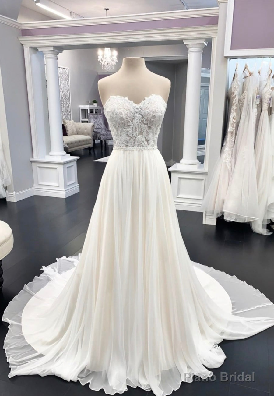 White Strapless Lace Long Prom Dresses, A-Line Formal Evening Dresses Main image