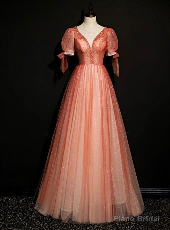 Watermelon Red Tulle Sequins Beading Short Sleeve Prom Dress Main image