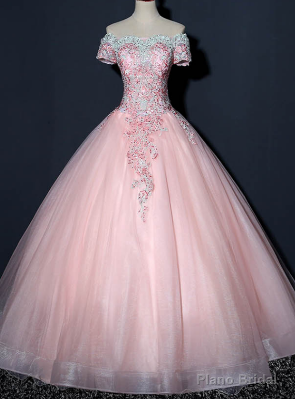 We Provide Pink Ball Gown Tulle Green Appliques Beading Short Sleeve Quinceanera Dress Main image