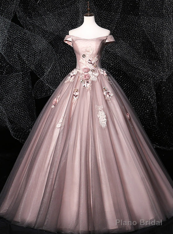 We Provide Pink Ball Gown Tulle Off the Shoulder Appliques Quinceanera Dress Main image